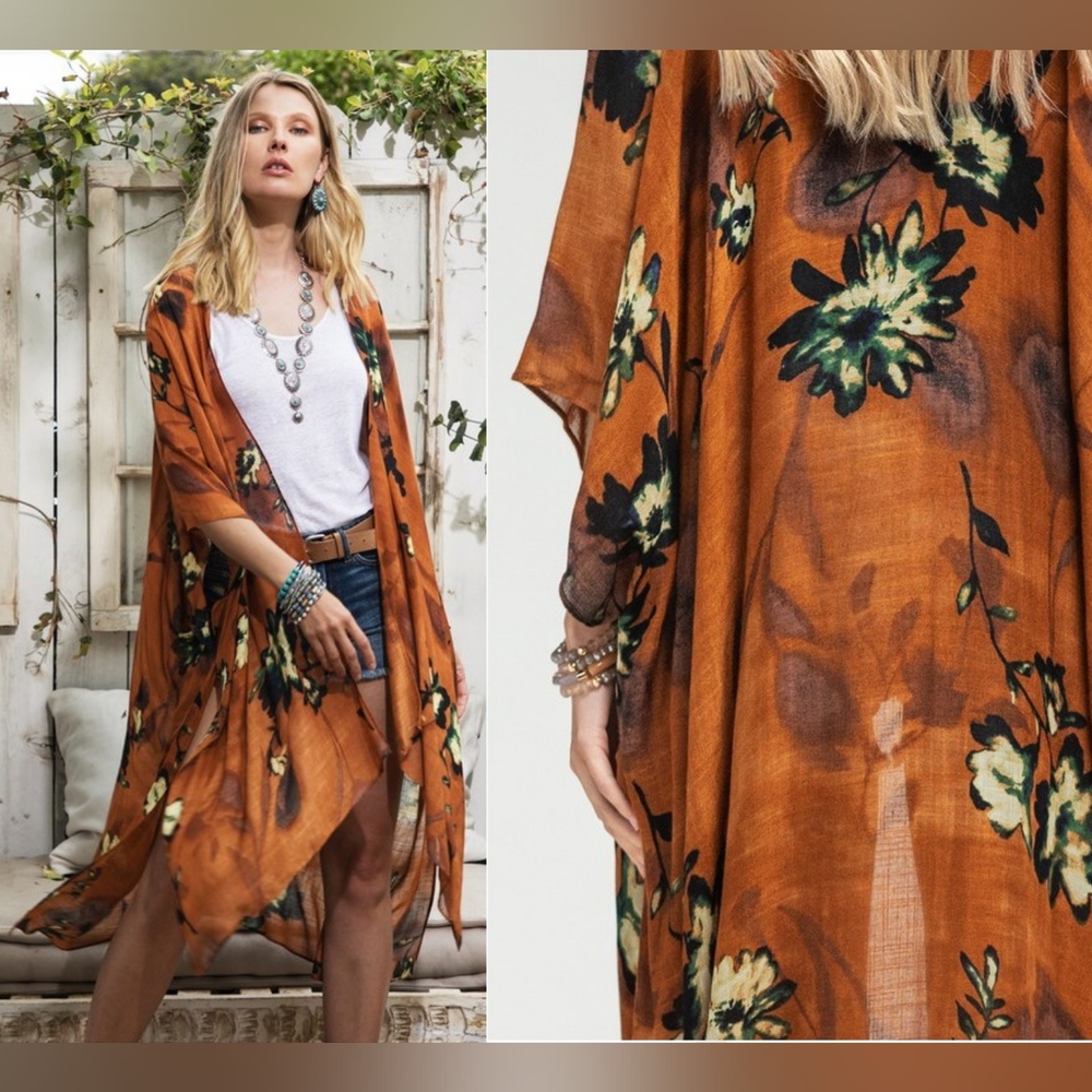 Bohemian Rust Floral Print Kimono w/ Side Slits - Rich Deep Colors